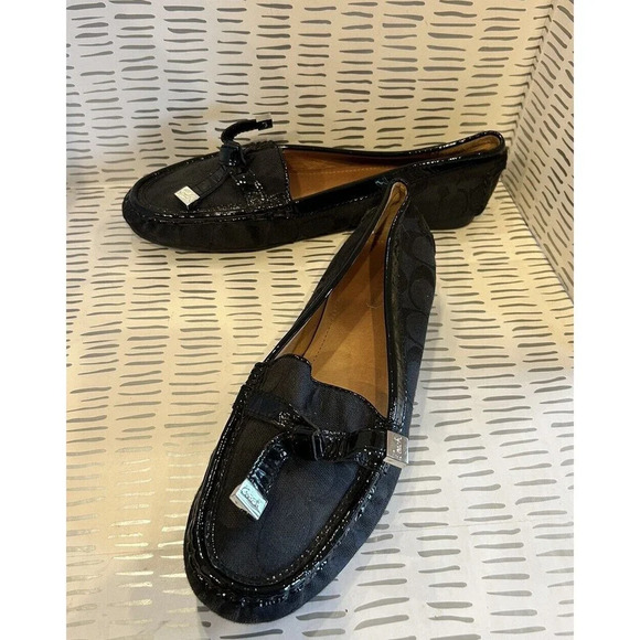 COACH Frida Black Signature Logo Canvas Loafer Size US 8.5 With Bow Detail - Picture 2 of 11